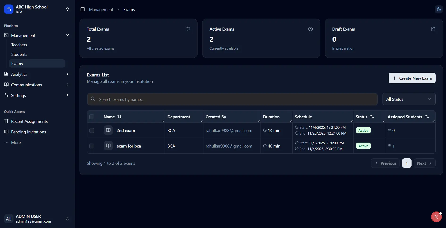 Exams List - Overview of all exams with status, duration, and question counts
