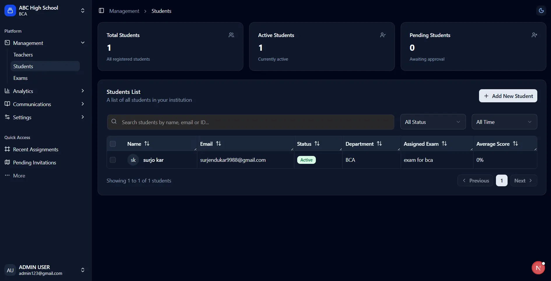 Students List - View all student invitations and their exam assignments