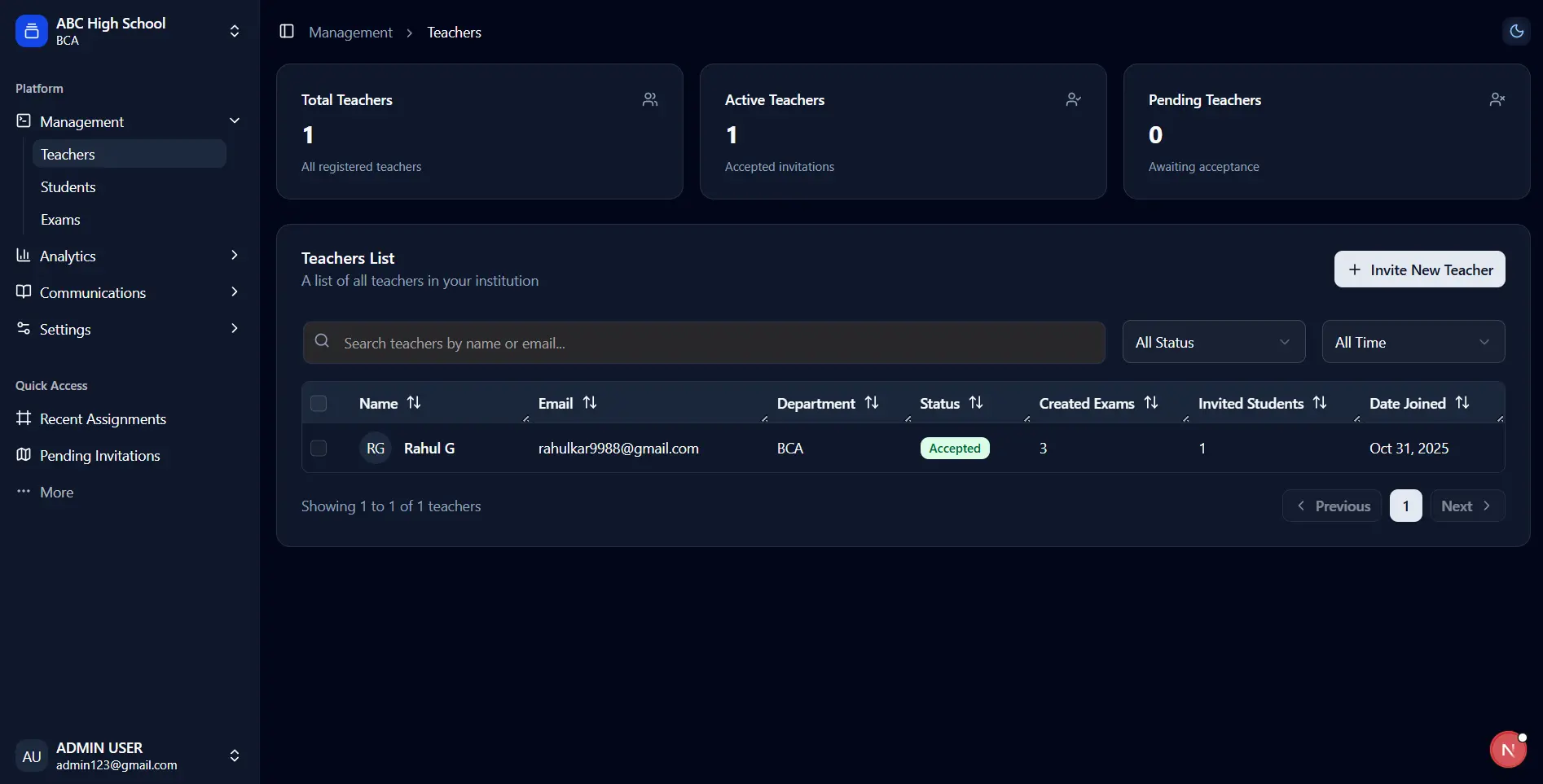 Teachers List - View all teachers, their status, created exams, and invited students